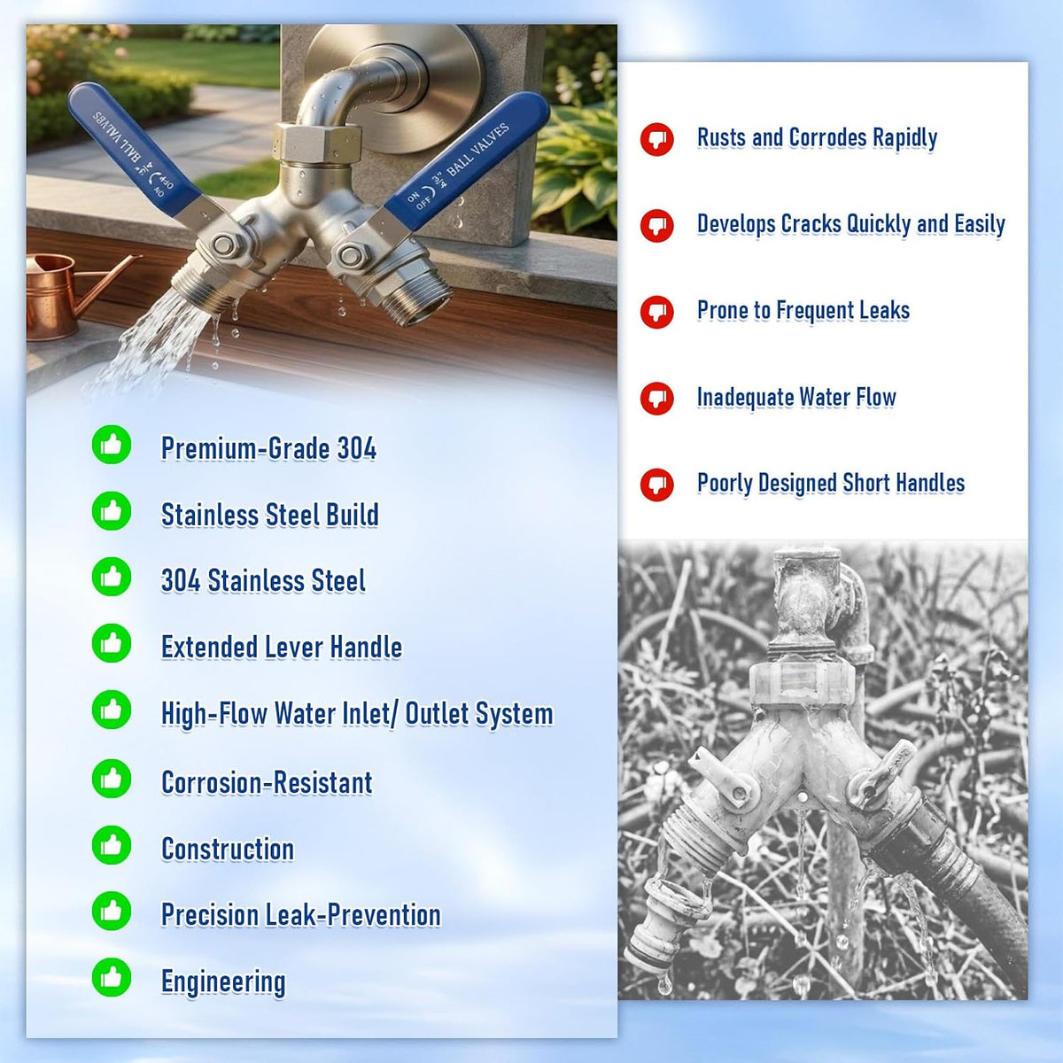 Garden Hose Splitter 2 Way, Heavy Duty Brass Y Valve Water Hose Splitter With Stainless Steel Long Handle Outdoor Full Flow Hose Splitter Connector,Y Valve 3/4 Inch GHT Thread