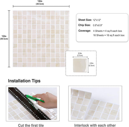 CRE8TIVE 4 Sheets Beige Peel and Stick Backsplash Small Square Mosaic Stick on Tiles for Kitchen Backsplash Tile Stickers 12"x12" Adhesive 3D Marble Wall Tiles for Bathroom Shower Tile Waterproof