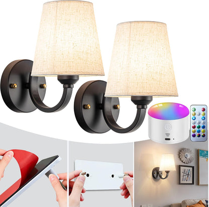 Wall Sconce Battery Operated Wall Light Fixure with Remote Control, Dimmable Battery Operated Wall Sconces Set Of Two, Indoor Wireless Wall Mounted Lamp with Rechargable Bulb For Bedroom Living Room (