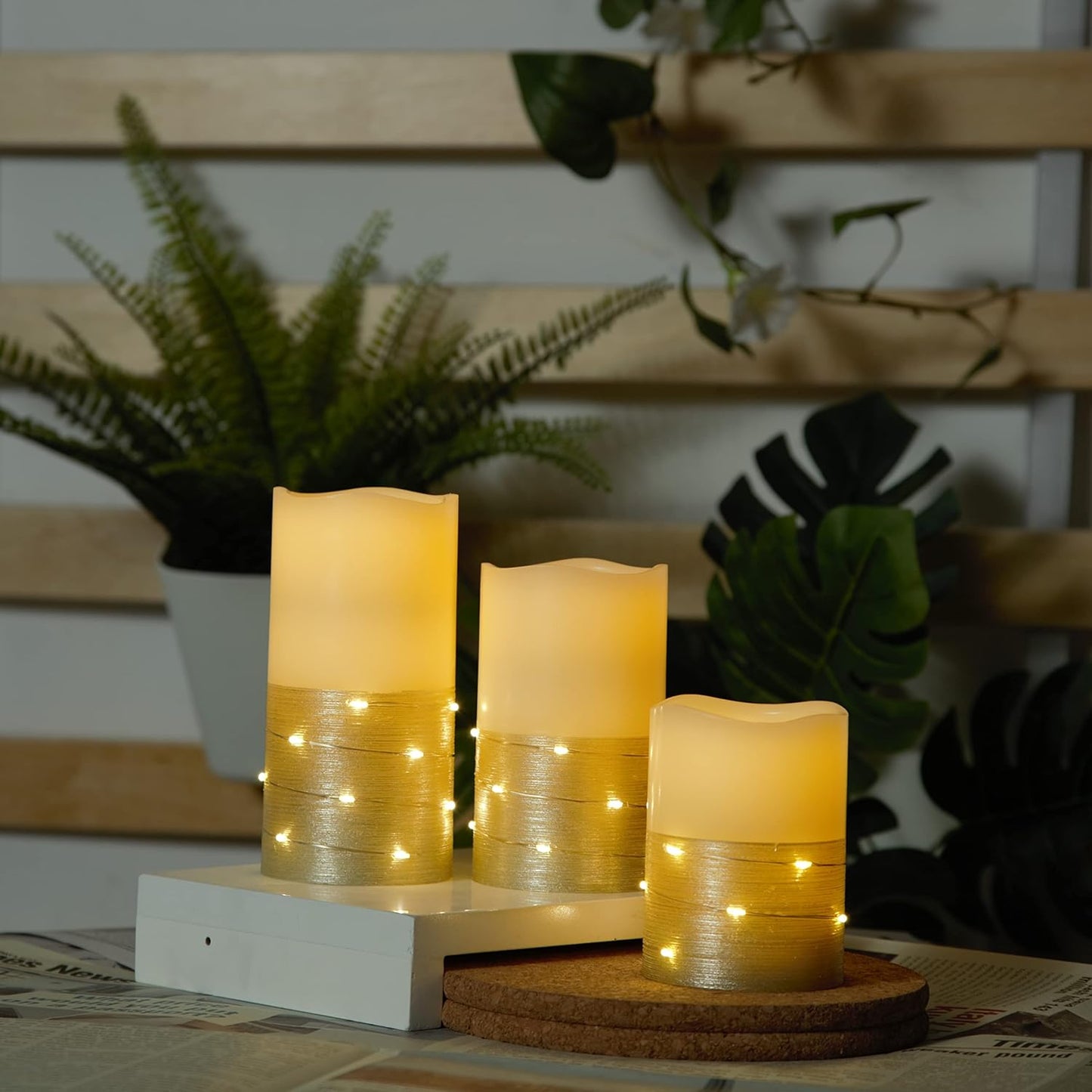 H-BLOSSOM Flickering Flameless Candles Ivory Real Wax Pillar with Embedded String Lights LED Candles Battery Operated with 10 Key Remote and Cycling 5H Timer Set of 3 (3" x 4"/5"/6") (Silver)