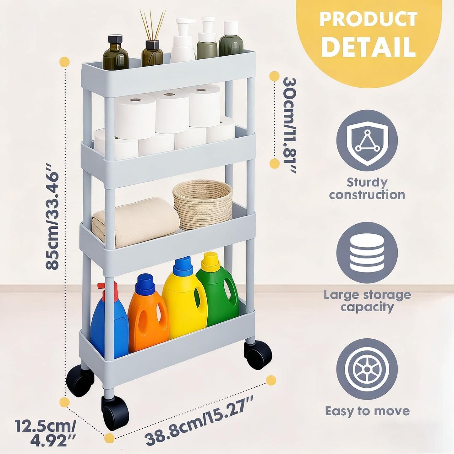 ShellKingdom 4 Tier Bathroom Storage Organizer, Slim Rolling Storage Cart for Narrow Space, Mobile Shelving Unit with Lockable Wheels and Hooks for Bathroom, Kitchen, Laundry Movable Shelf (Green)