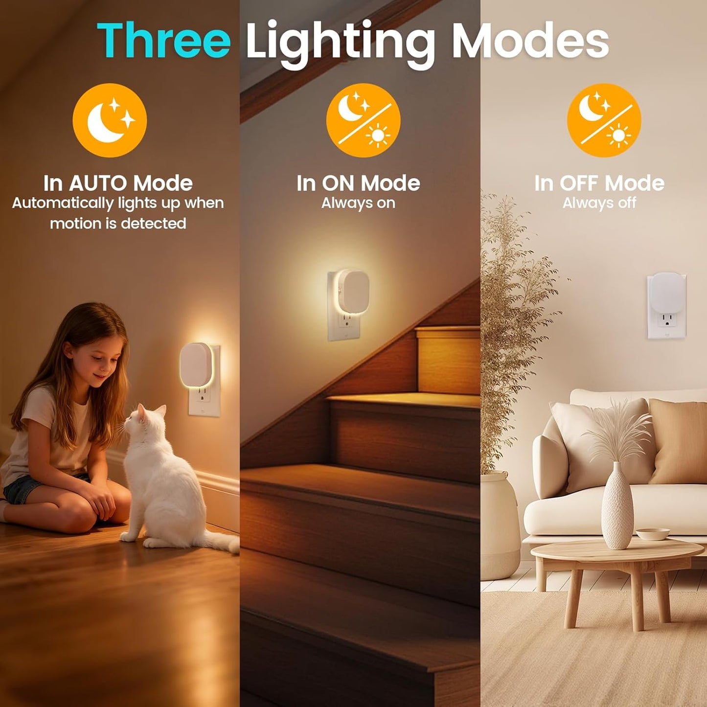 Plug-in LED Backlit Night Light with Motion Sensor, Dimmable Brightness Eye-Caring Warm White Nightlight for Baby & Kids' Bathroom, Nursery, Bedroom, Hallway (2 Pack)