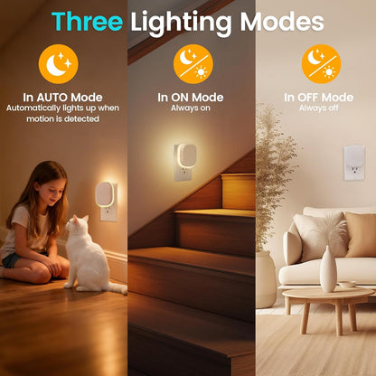 Plug-in LED Backlit Night Light with Motion Sensor, Dimmable Brightness Eye-Caring Warm White Nightlight for Baby & Kids' Bathroom, Nursery, Bedroom, Hallway (2 Pack)