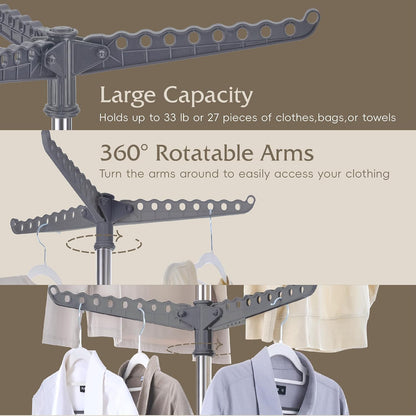Beaudaily Clothes Drying Rack, Foldable 79.5-Inch Laundry Drying Rack,3 Tie, with Rotatable Arms, Stainless Steel, Holds 27 Clothes,8 Towels and 24 Clips for Hanging Socks, White and Silver