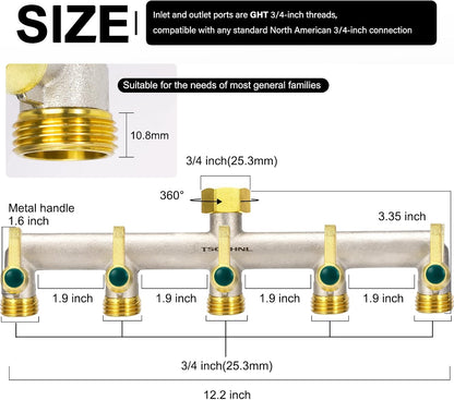 Heavy Duty Brass Garden Hose Splitter, 2-Way Faucet Splitter with 2 Extended Metal Handles, Outdoor Hose Splitter, GHT 3/4-Inch Heavy Duty Hex Female Inlet and 3/4-Inch Male Outlet, Nickel Plated