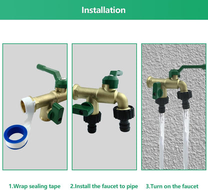 Outdoor Faucet Double Outlet, 1/2 Inch Male Inlet NPT Thread,Wall Mounted Lead-Free Brass Tap with Dual 3/4 inch Outlet,2 Way Splitter,Ball Valves Spigot,for Garden Hose Connector