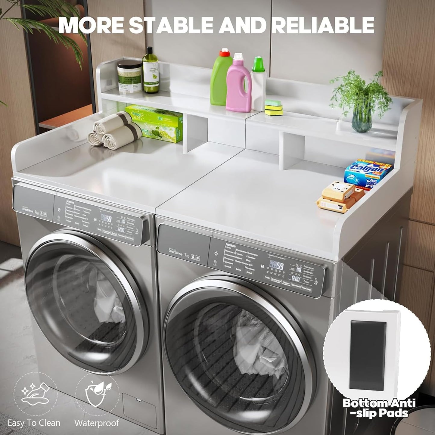 54" 2 Tier Washer Dryer Countertop with Storage Shelf, Waterproof MDF Laundry Room Organizer, Folding Station, Mechanically Joined Two-Panel Countertop (Walnut Brown)