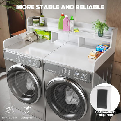 54" 2 Tier Washer Dryer Countertop with Storage Shelf, Waterproof MDF Laundry Room Organizer, Folding Station, Mechanically Joined Two-Panel Countertop (Walnut Brown)