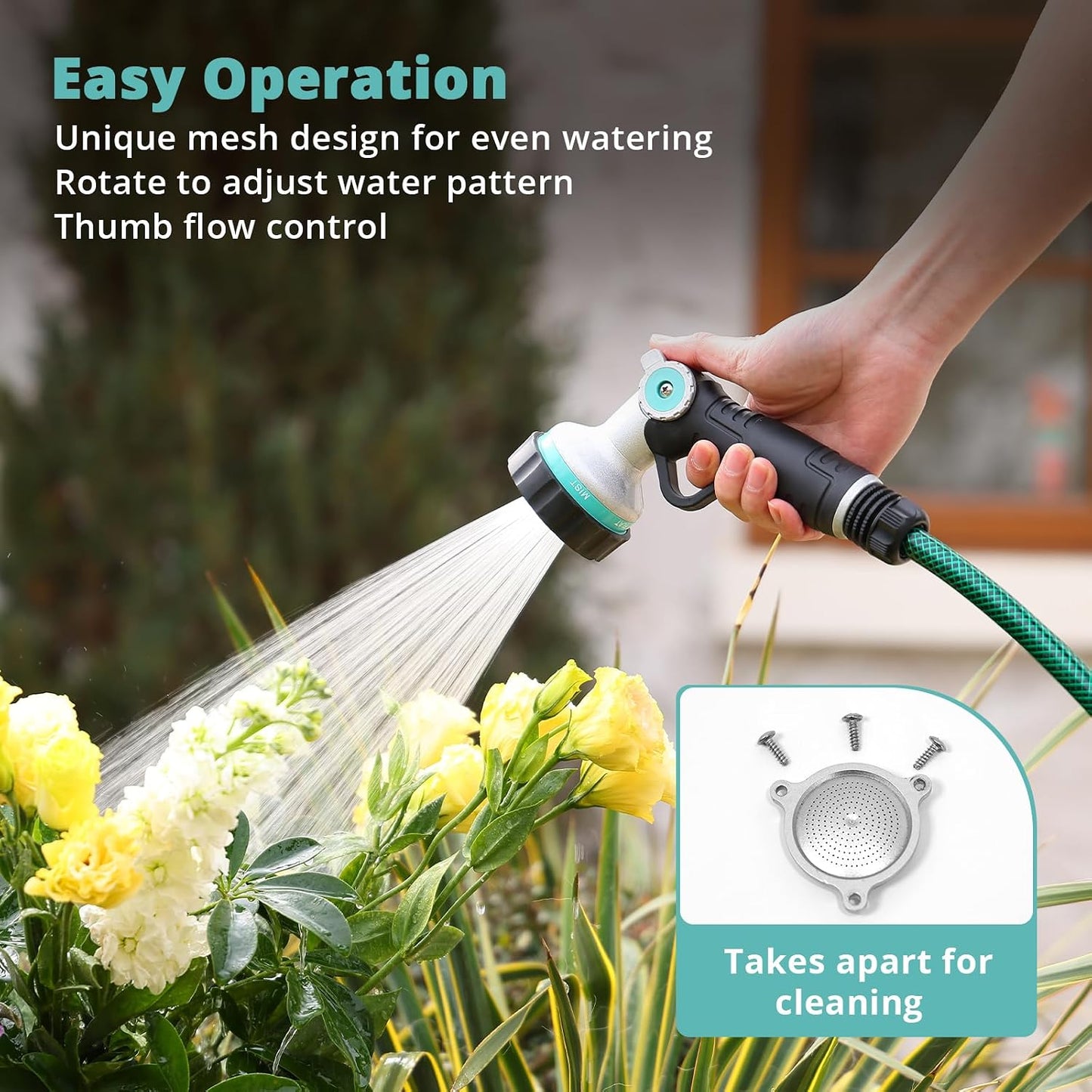 QUOBAS Garden Hose Nozzle Sprayer, Heavy Duty Metal Water Garden Nozzle | Brass Nozzle with Thumb Control, 3 Watering Patterns, Jet Hose Sprayer for Car Wash, Driveway, Patio Cleaning & Garden