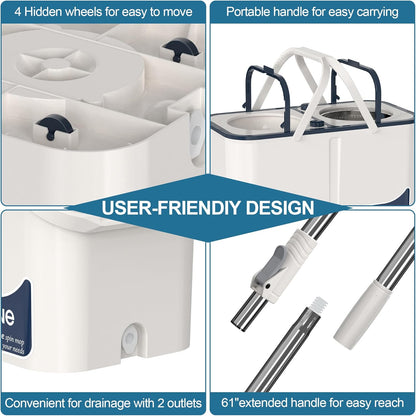 Spin Mop for Large Homes & Big Floor Cleaning, Clean & Dirty Water Separation Mop Bucket for Family & Pet Homes,4-Chamber System, Glide Wheels, Safe for Hardwood & Tile, Adjustable Handle, 6 Mop Heads