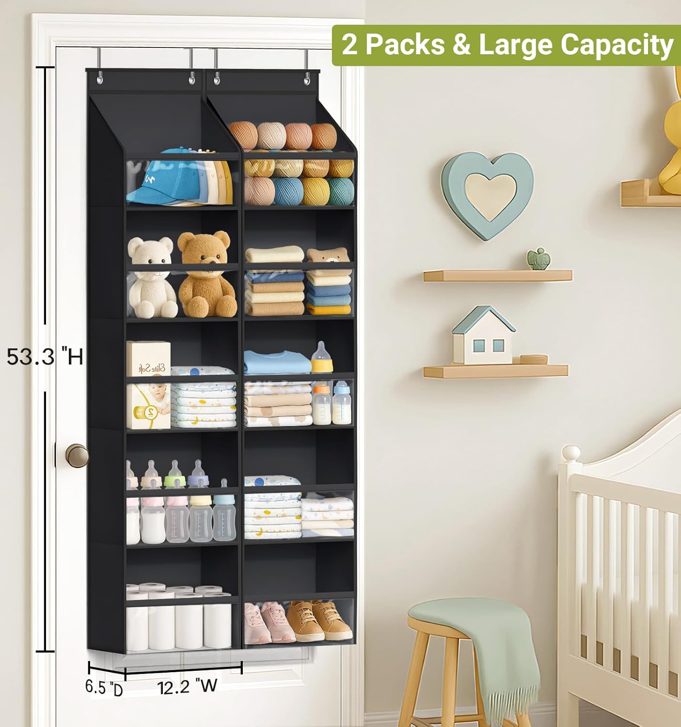 AOODA 2 Pack Over the Door Organizer, Large Capacity Closet Door Hanging Organizer, Clear Deep Pockets Baby Organizer Storage for Nursery, Bathroom, Bedroom, Pantry, Diapers (Grey)