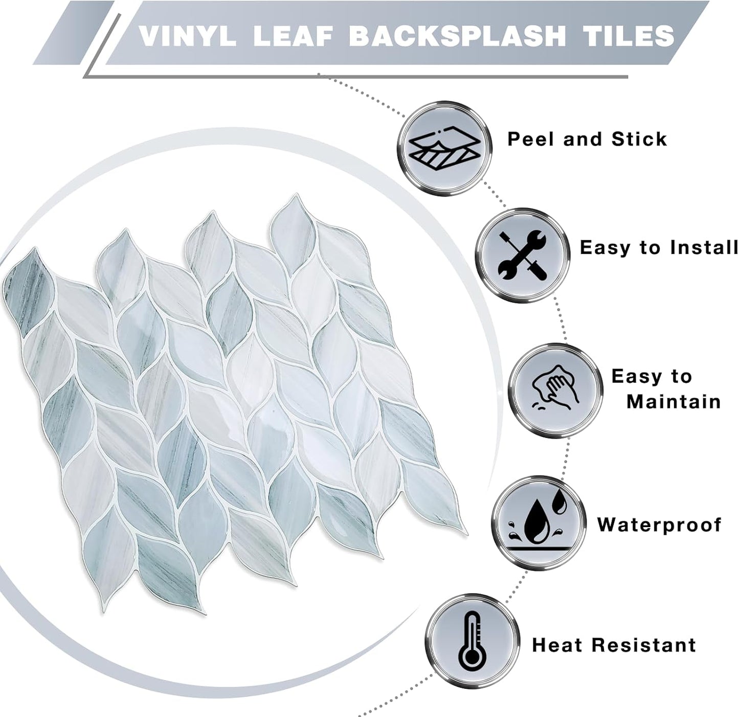 Tilingview 10 Pcs Vinyl Leaf Peel and Stick Tile for Kitchen Backsplash, Premium Self-Adhesive Tiles Plastic Wall Stickers Art Mosaics (Blue Gray)