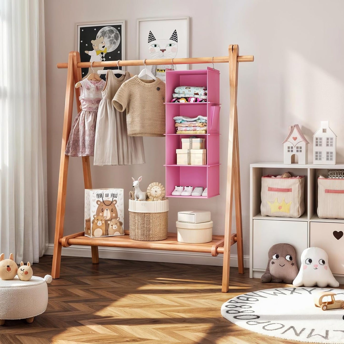 YOUDENOVA Hanging Closet Organizer, 4-Shelf Closet Hanging Storage Shelves, Grey