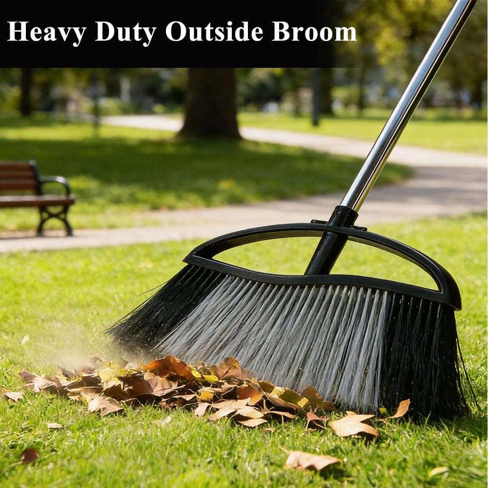 Commercial Heavy Duty Outdoor Broom, 15.7" Extra Wide Angle Broom with 4-Layer Stiff Bristles, Adjustable 38-53.5" Handle for Patio Garage Garden Yard Concrete (Red)