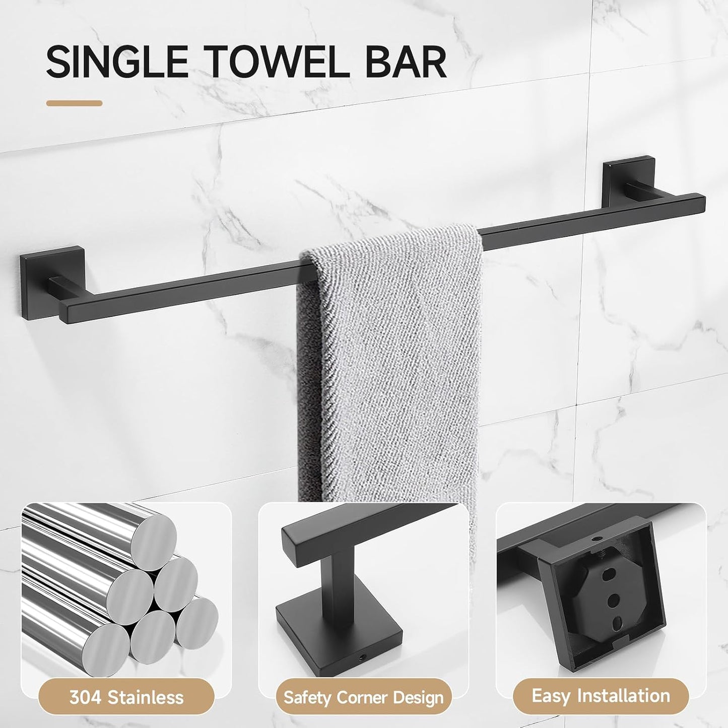 TQKAG Brushed Gold Bathroom Hardware Accessories Set 10 Pieces, 23.6" SUS304 Stainless Steel Towel Bar Set Wall Mounted Includes Single Towel Bar, Towel Ring, Toilet Paper Holder, Double Towel Hooks