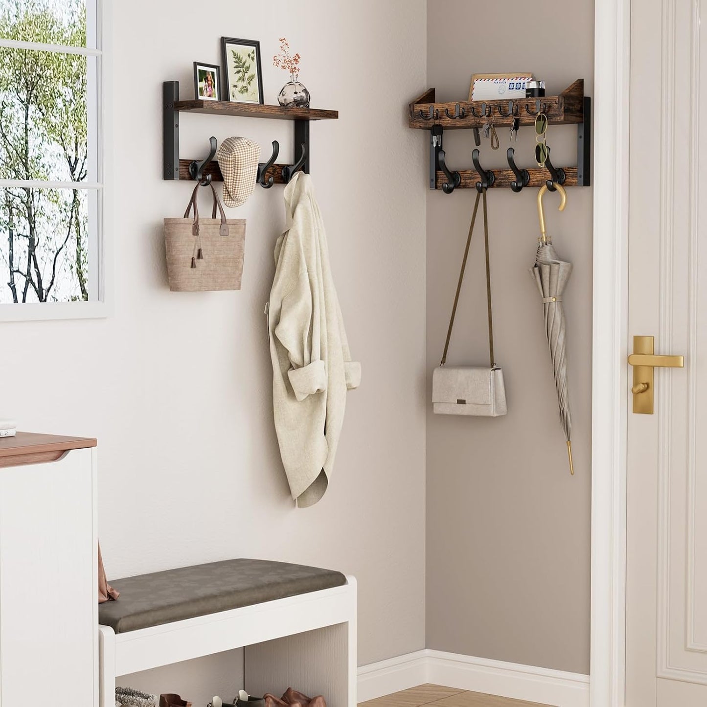 Evermagin 29" Coat Rack Wall Mount with Shelf, 4 in 1 Coat and Key Hanger with 11 Metal Hooks, Entryway Wall Mounted Shelf with Mail Holder for Living Room, Bedroom, Rustic Brown