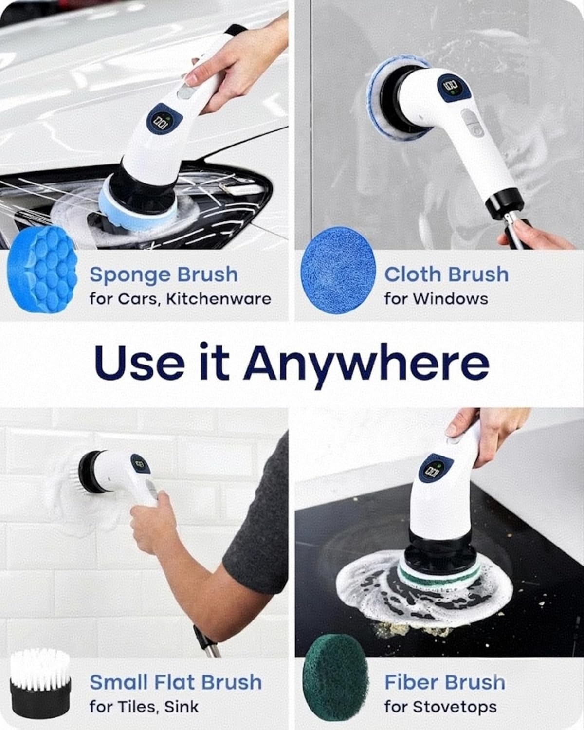 Cleanninja Electric Spin Scrubber for Cleaning, Adjustable Shower Brush with 7 Replaceable Heads & Power LED Display, 2 Speed Waterproof Cordless Shower Scrubber for Bathtub, Kitchen, Car, White