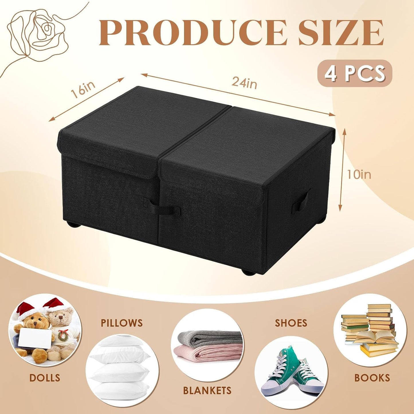 Geelin 4 Pack Under Bed Storage with Wheels, 10 Inch Height 65L Large Capacity Foldable Underbed Storage Bins with Lids & Handles, Easy Assembly Rolling Under Bed Containers for Clothes Blankets Shoes
