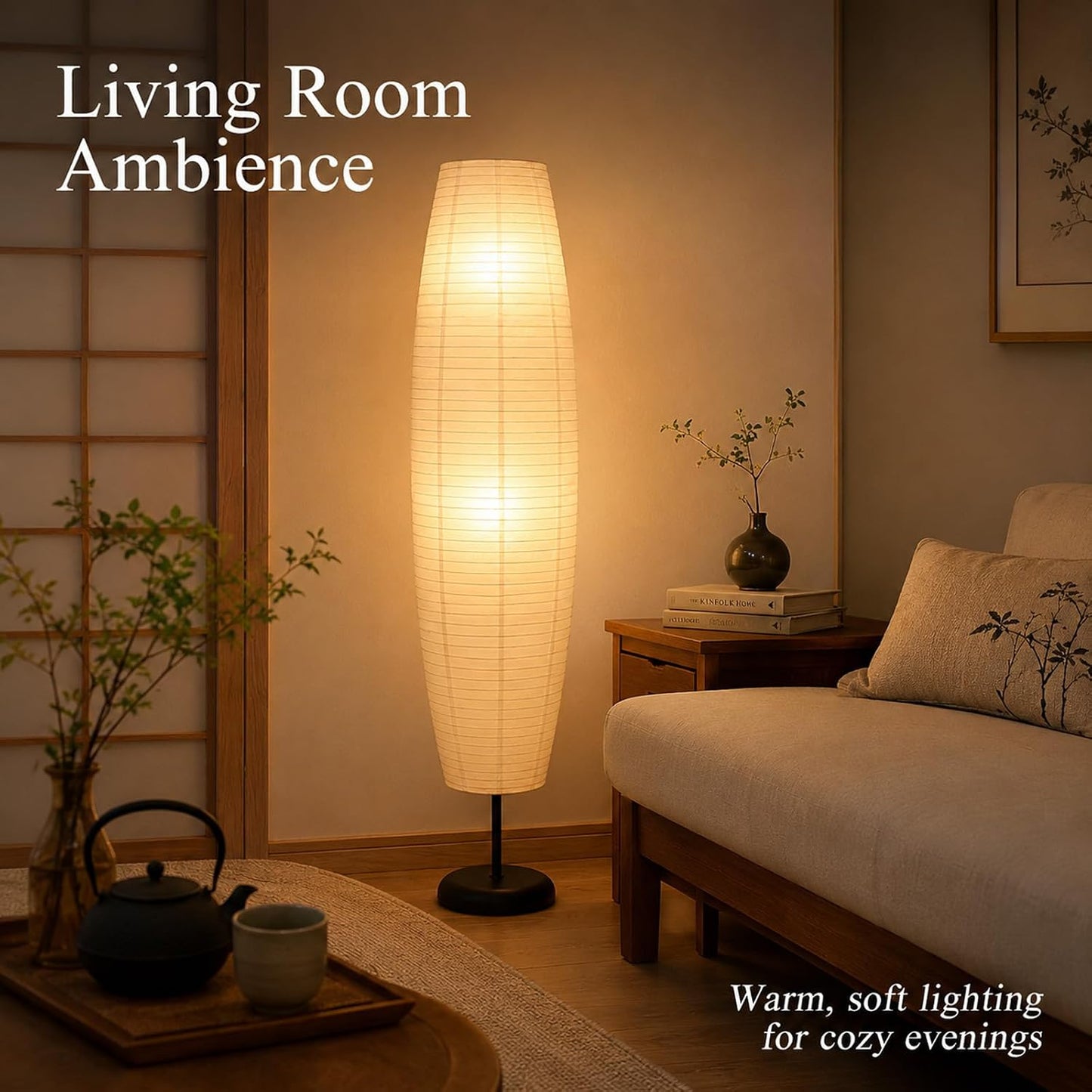 Rice Paper Floor Lamp with Foot Switches,White Paper Floor Lantern,Art Deco Ambient Lighting,Minimalist Tall Standing Lamp for Bedroom Living Room and Study Room