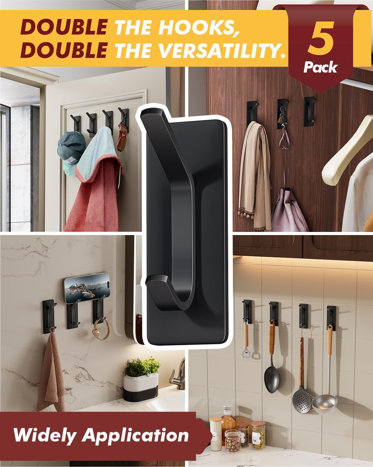 Auxmir Self Adhesive Hooks 15lbs Heavy Duty, 5 Pack Stainless Steel Wall Hooks for Coat Towel Robe, Waterproof Rustproof Oilproof, No Drill Door Hanger for Bathroom Shower Kitchen Office RV, Silver