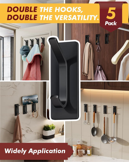 Auxmir Self Adhesive Hooks 15lbs Heavy Duty, 5 Pack Stainless Steel Wall Hooks for Coat Towel Robe, Waterproof Rustproof Oilproof, No Drill Door Hanger for Bathroom Shower Kitchen Office RV, Silver
