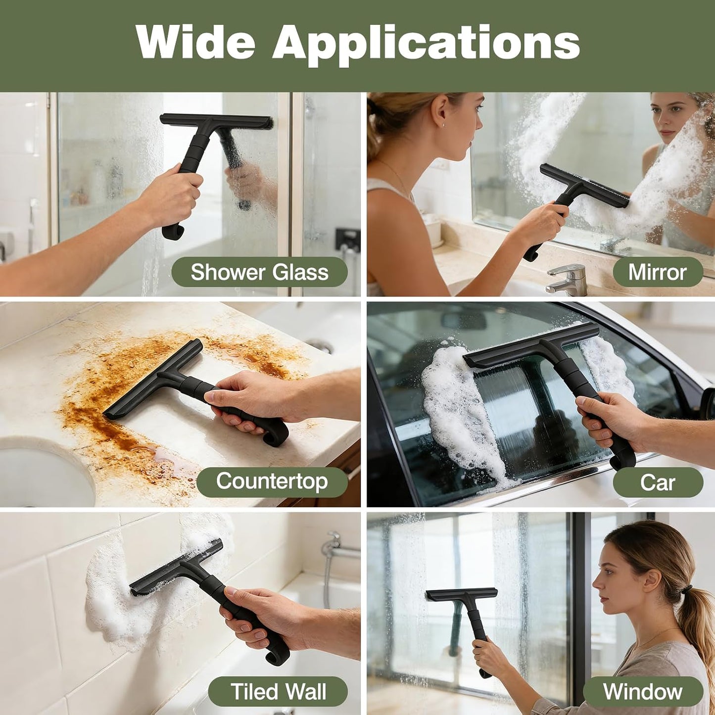 Roylvan Silicone Shower Squeegee, All-in-One Shower Squeegee for Glass Doors with Built-in Hook, Household Window Mirror Cleaner for Bathroom Glass Kitchen Tile Wall Car, Black