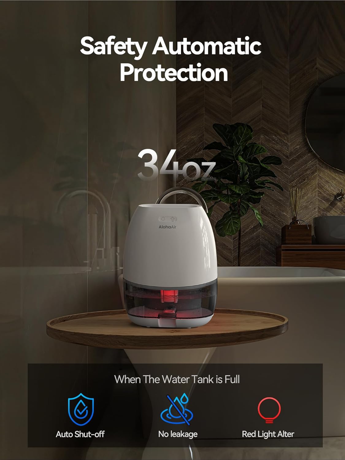 AlohaAir Dehumidifiers for Home, 34 oz Small Dehumidifier for Room, Quiet Dehumidifiers for Bathroom, Bedroom, RV, Closet with Auto Shut Off, 7 Colors Night Light