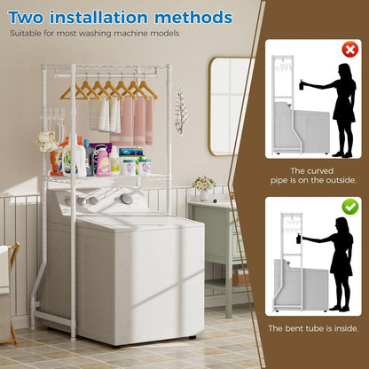 Golpart Over Washer and Dryer Shelves,Heavy Duty Laundry Room Storage Organization Clothes Drying Rack,5 Tier Adjustable Height Wire Shelving and Wire Basket with Hanger Rod&Hook,Space Saving Shelf