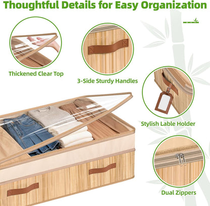 Livole 2 Pack Bamboo Under Bed Storage Containers with Wheels | Breathable Bamboo, Invisible Wheels, 6 inches Height, 56L Large Capacity, Easy Setup, Handles, Clear Lid