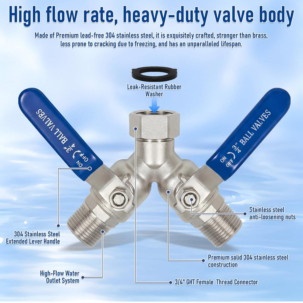 Garden Hose Splitter 2 Way, Heavy Duty Brass Y Valve Water Hose Splitter With Stainless Steel Long Handle Outdoor Full Flow Hose Splitter Connector,Y Valve 3/4 Inch GHT Thread