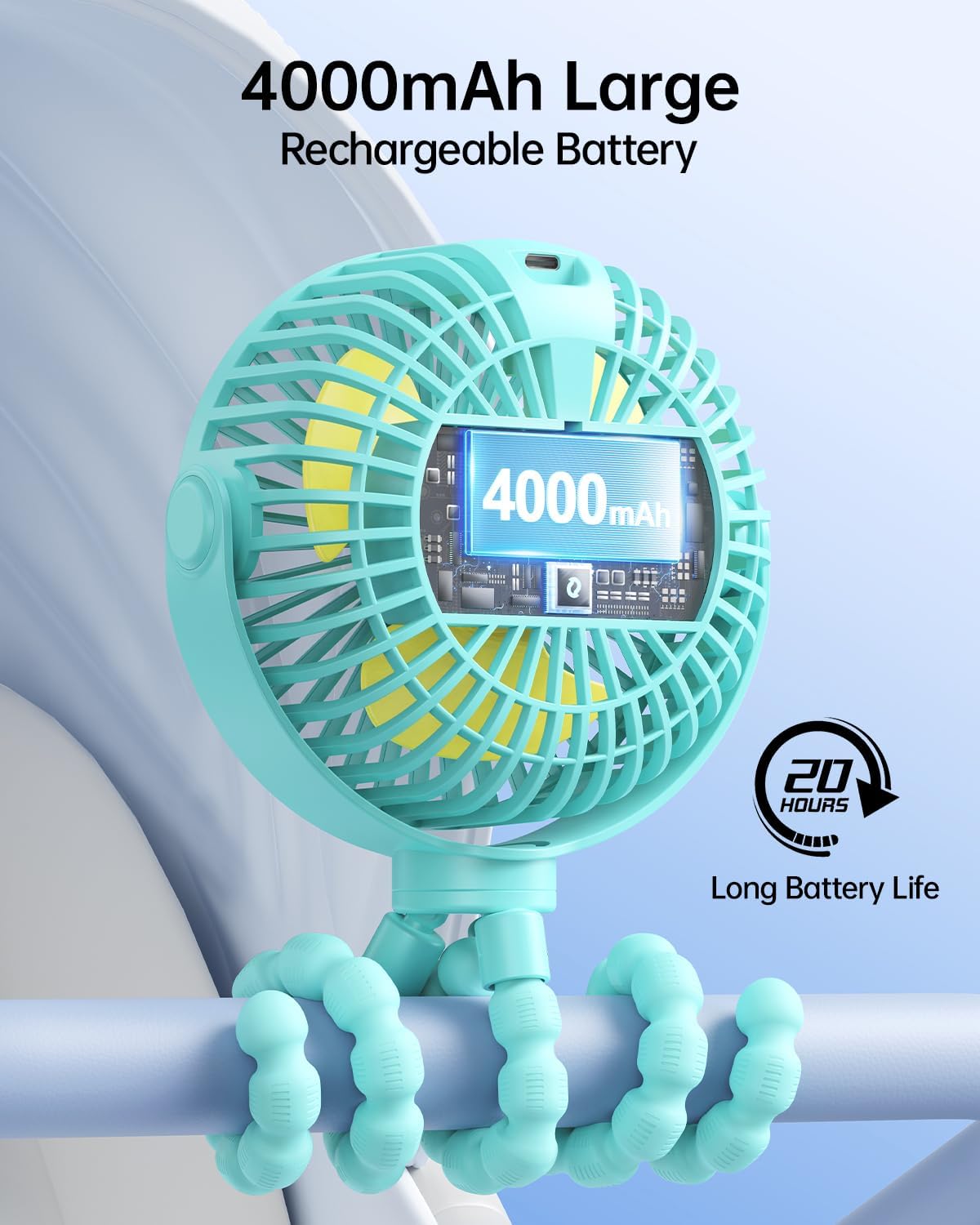 SWEETFULL [2026 Upgrade Portable Stroller Fan with LED Display, 4 Speed Rechargeable Mini Clip On Fan, 360° Rotate Flexible Tripod Better Cooling Small Baby Fan for Car Seat Crib Travel Treadmill