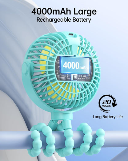 SWEETFULL [2026 Upgrade Portable Stroller Fan with LED Display, 4 Speed Rechargeable Mini Clip On Fan, 360° Rotate Flexible Tripod Better Cooling Small Baby Fan for Car Seat Crib Travel Treadmill