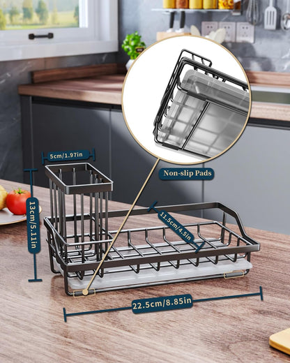 Consumest Sponge Holder for Kitchen Sink - Kitchen Sink Caddy Organizer with Removable Drip Tray for Countertop Dish Soap Dispenser Brush Storage Accessories 304 Stainless Steel - Black