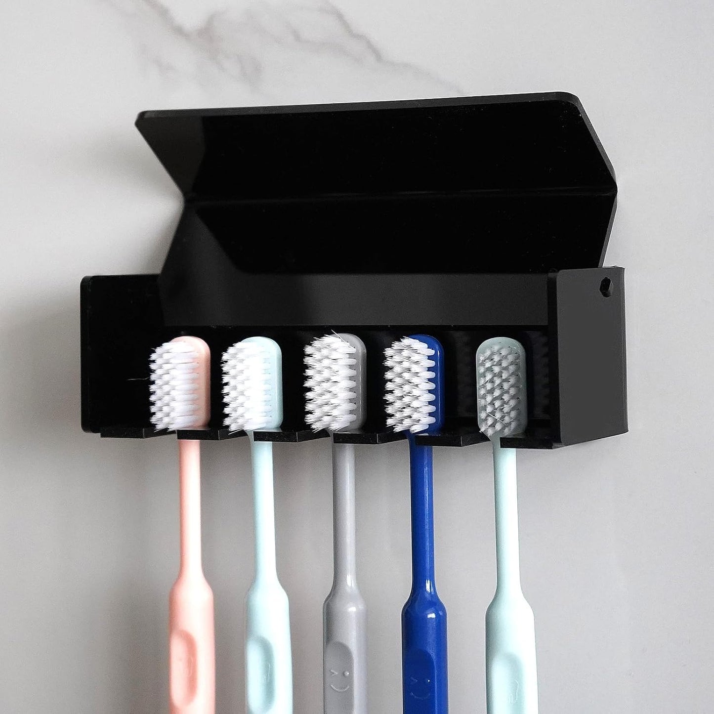 5 Slots Wall Mount Toothbrush Holder with Cover, Self Adhesive Toothbrush Storage Organizer for Shower, Toothbrush Hanger with Automatic Toothpaste Squeezer Dispenser