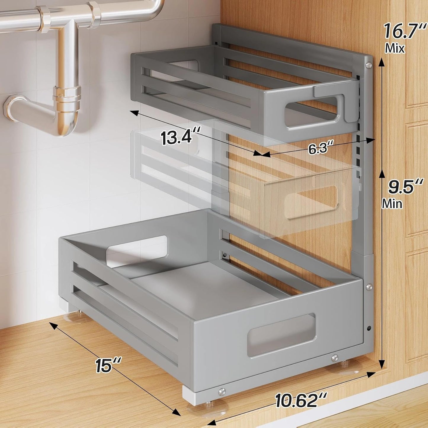 2 Pack Under Sink Organizer,Pull Out Cabinet Organizer with Smooth Cylindrical Rail,Metal Slide Out Drawer for Kitchen Bathroom Laundry Cabinet,8-Level Tool Free Height Adjustable-Black