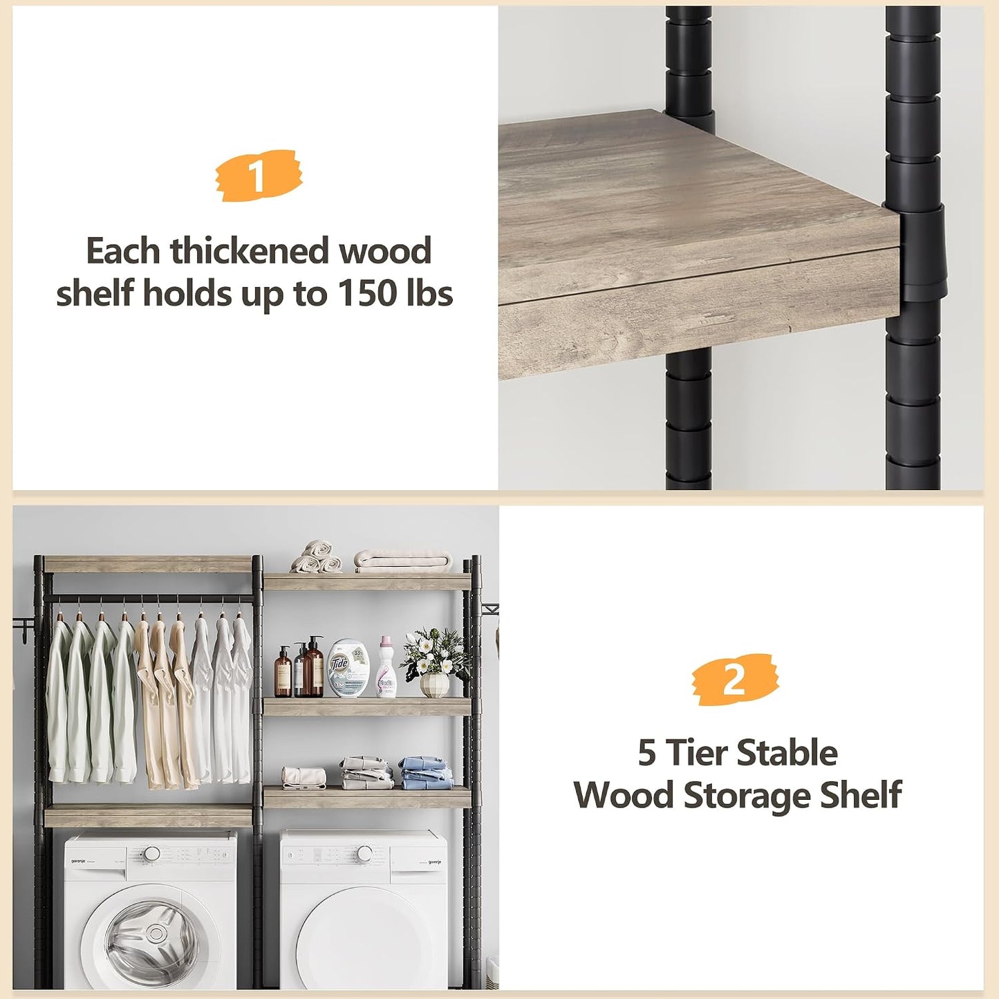 IDEALHOUSE Laundry Room Organization and Storage,5 Tier Wood Over The Washer and Dryer Storage Shelf with Drying Clothes Racks,Space Saver Heavy Duty Bathroom Laundry Shelf for Home Storage and Decor