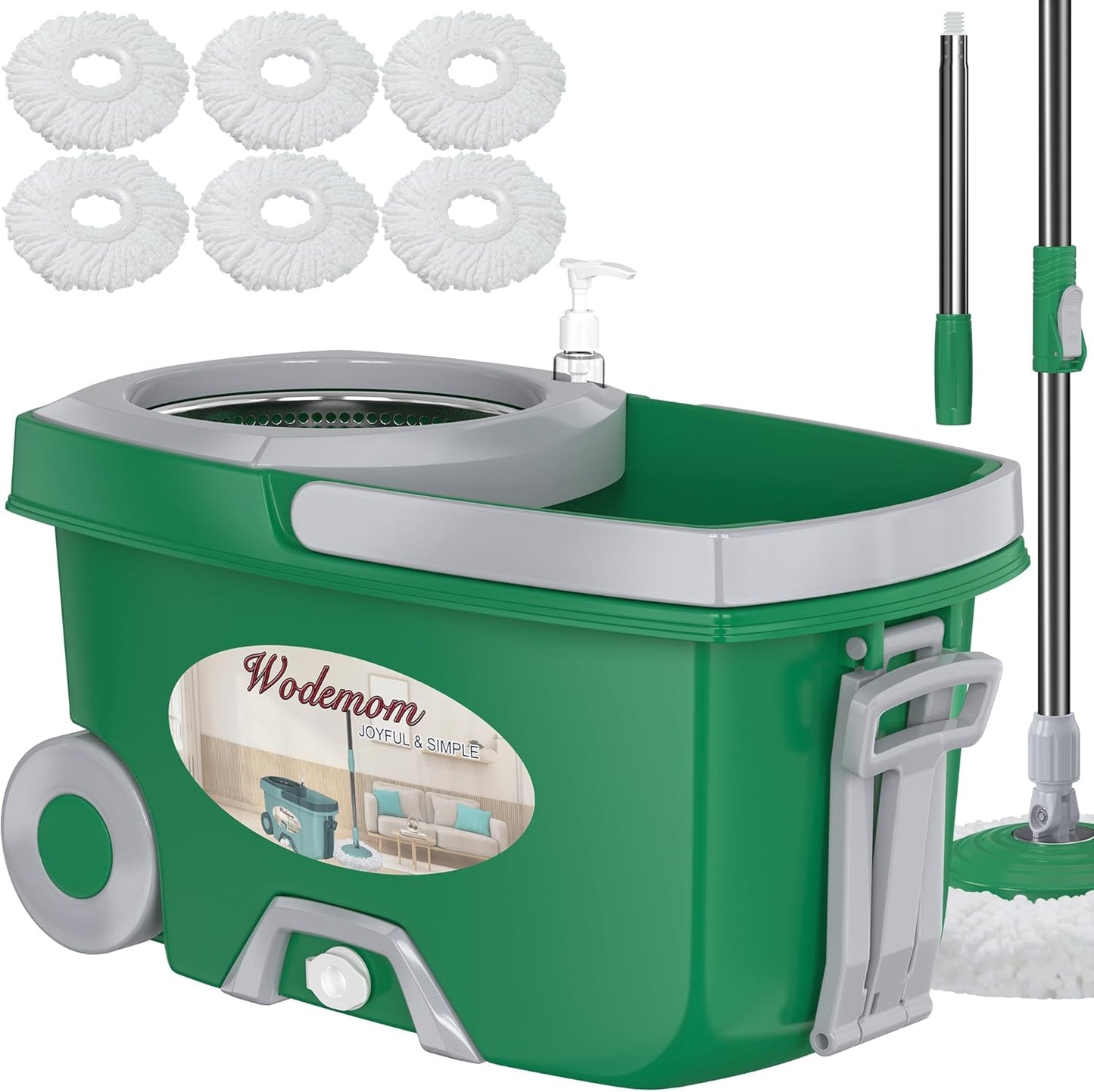 Spin Mop and Bucket System, Mop and Bucket with Wringer Set,Mops for Floor Cleaning,Household Supplies Tools with 6 Replacement Refills,61" Extended Handle for Household Hardwood Floor - Green
