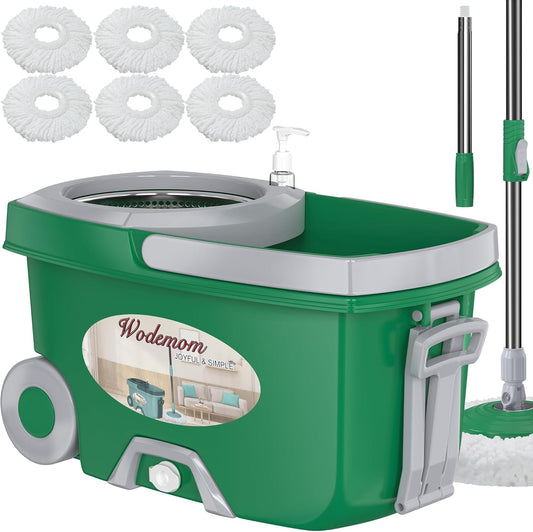 Spin Mop and Bucket System, Mop and Bucket with Wringer Set,Mops for Floor Cleaning,Household Supplies Tools with 6 Replacement Refills,61" Extended Handle for Household Hardwood Floor - Green
