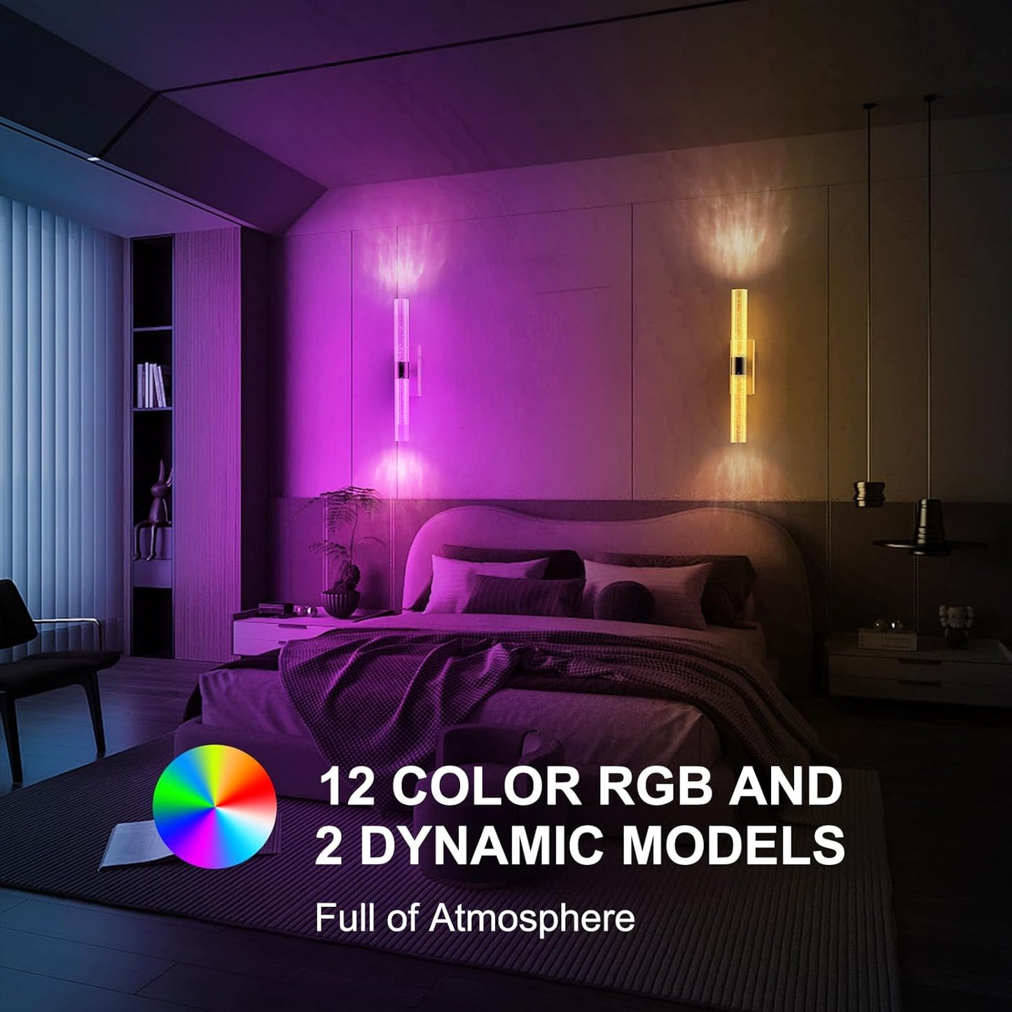 Crystal Battery Operated Wall Sconces Set of 2, Black Rechargeable Wireless Wall Light Fixtures with Remote Control, 3CCT and 12 RGB Dimmable Wall Lamps for Bedroom Living Room Hallway