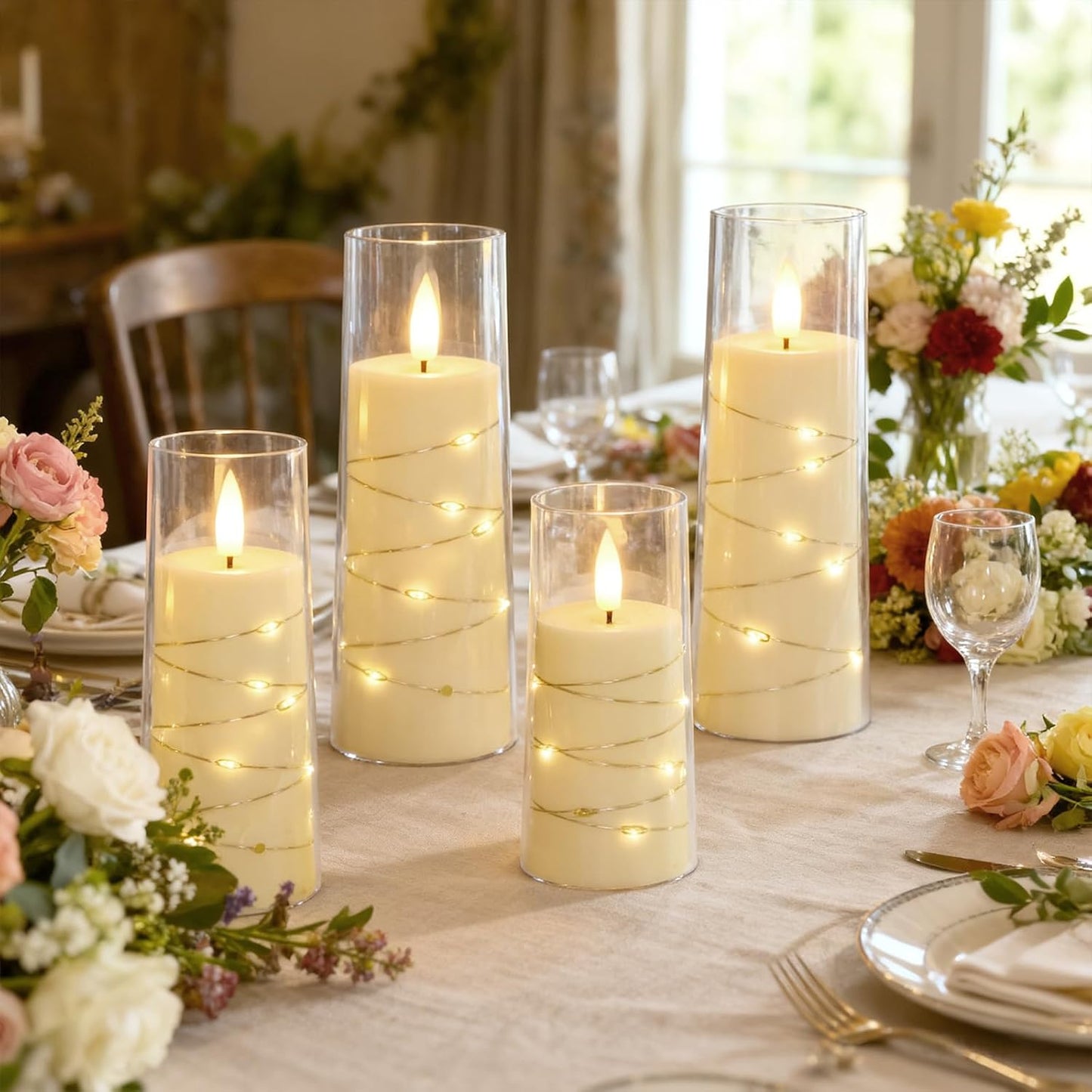 Raycare Flameless Candle with Remote Timer, 3 Flickering Acrylic Battery Operated LED Pillar Candles with Embedded Star String for Christmas, Wedding, Home Table Decor, and as a Gift (Ivory White)