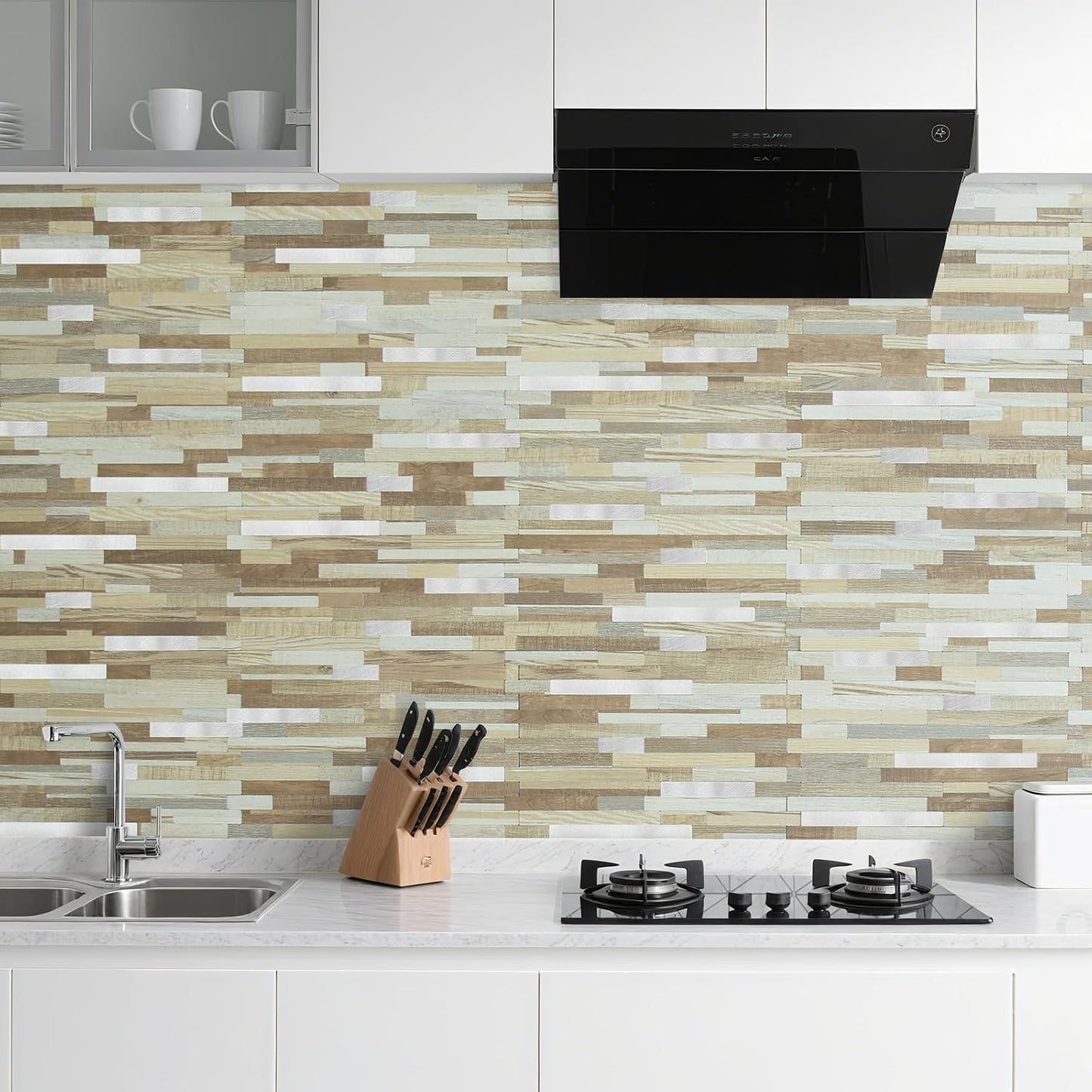 AULIGET 20 Sheets Peel and Stick Backsplash, Black & Grey Wood Look PVC Mixed Metal Stick on Backsplash Tiles for Kitchen