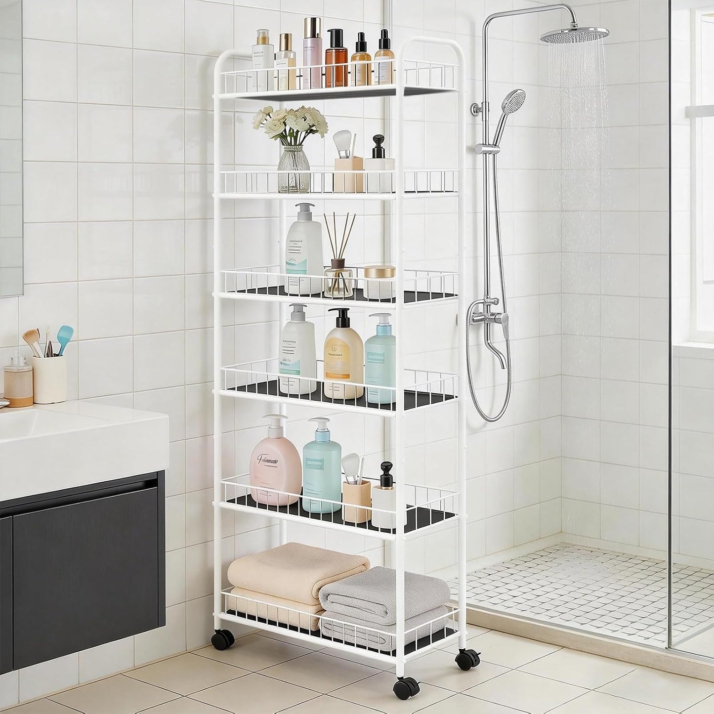 10in 6-Tier Slim Storage Cart with Wheels, Metal 10in Wide Black Narrow Rolling Shelf, Sturdy Slim Storage with Hooks Ideal for Kitchen, Bathroom, and Laundry Room