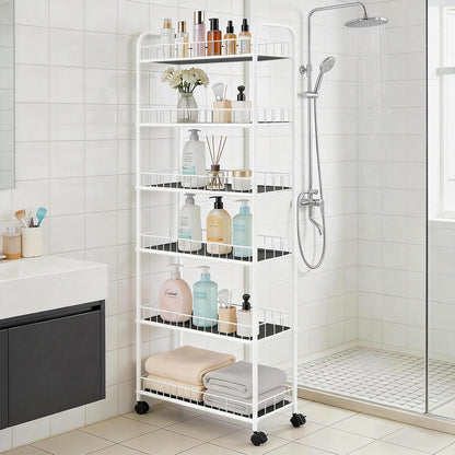 10in 6-Tier Slim Storage Cart with Wheels, Metal 10in Wide Black Narrow Rolling Shelf, Sturdy Slim Storage with Hooks Ideal for Kitchen, Bathroom, and Laundry Room
