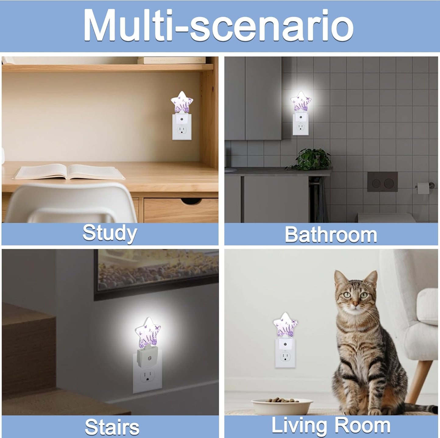 Lavender Butterfly Nightlight,Summer Flowers Star Night Lights Plug into Wall Decorations for Bedroom Bathroom,Dusk to Dawn Sensor Kitchen Hallway Stairs Energy Efficient Desk Lamp