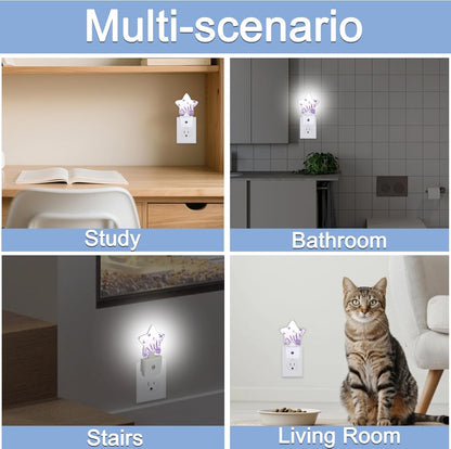 Lavender Butterfly Nightlight,Summer Flowers Star Night Lights Plug into Wall Decorations for Bedroom Bathroom,Dusk to Dawn Sensor Kitchen Hallway Stairs Energy Efficient Desk Lamp
