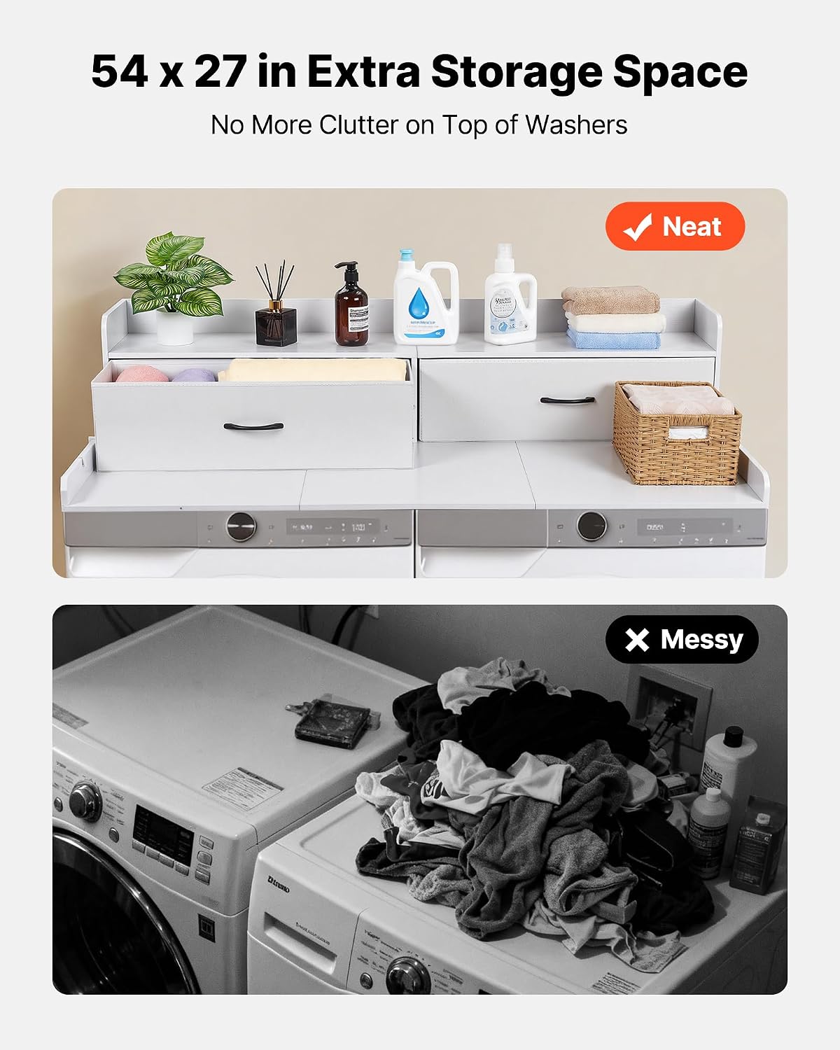 VEVOR Washer Dryer Countertop with 2-Tier Shelf, 54" x 27" Wooden Washer and Dryer Countertop with Anti-Slip Pads, Water-Resistant Laundry Topper Cover for Laundry Room Organization and Storage, Black