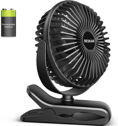 BESKAR Clip on Fan, Portable Small Desk Fans with Strong Airflow, 3 Speeds with Personal Fans Sturdy Clamp, Quiet Desk Fan & Clip Fan with USB Cord Powered - No Battery