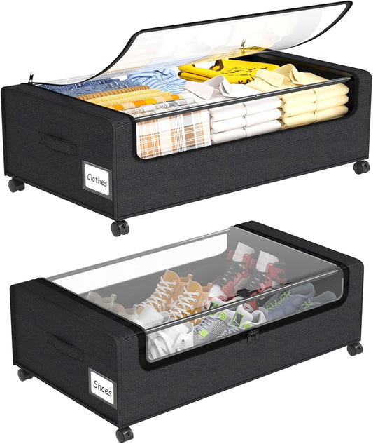 Webetop Under Bed Storage Containers with Wheels,12 inch Under the Bed Storage Bins with Clear Lid for Underneath Small Spaces Dorms, Blankets (2 Pack, 30.7"x17.3"x12")