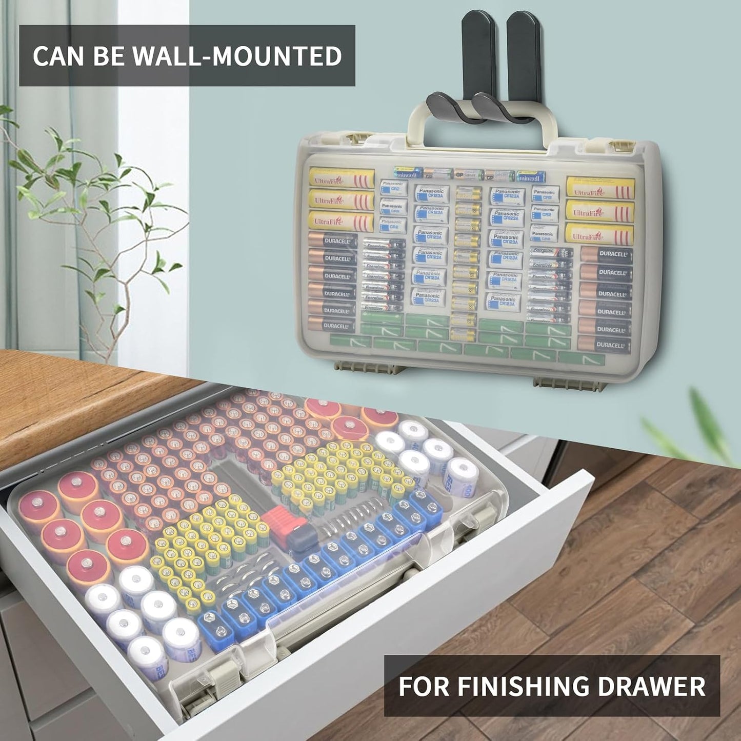 Battery Organizer Storage Case with Tester for 269 Batteries, Double Sides | Plastic, For AA AAA 4A C D Cell 9V 3V LR44 CR2 CR123 CR1632 18650 Button, Wall/Drawer, For Families/DIY/Home/Garage, Grey