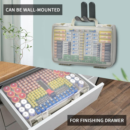Battery Organizer Storage Case with Tester for 269 Batteries, Double Sides | Plastic, For AA AAA 4A C D Cell 9V 3V LR44 CR2 CR123 CR1632 18650 Button, Wall/Drawer, For Families/DIY/Home/Garage, Grey